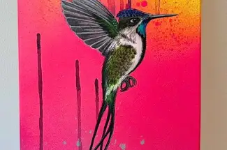 Louise McNaughtMarvellous Spatuletail Hummingbird - Skatedeck SeriesOriginal ~ Mixed Media Skatedeck