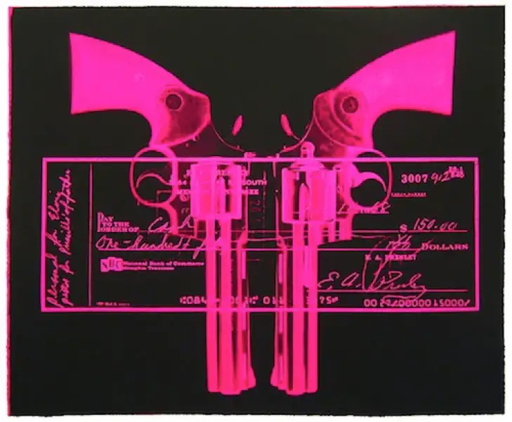 Click Here To Enlarge This Photo Of Elvis Gun... Cheque (pink) by Russell Marshall - Framed