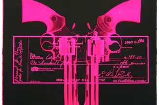ArchiveElvis Gun... Cheque (pink) by Russell Marshall - Framed